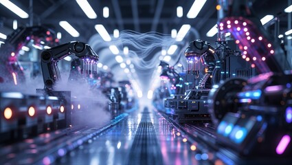 Aufkleber - Advanced robotics in a high-tech manufacturing facility during night shift