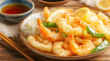 Wall Mural - Plate of tempura shrimp and vegetables with tentsuyu dipping sauce, Generative AI