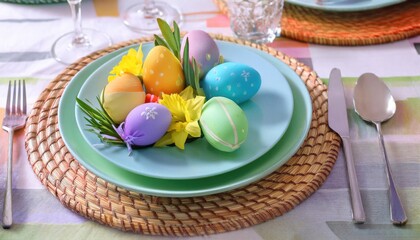 Wall Mural - Colorful decorated Easter Place Setting with Easter Eggs, flowers on the table