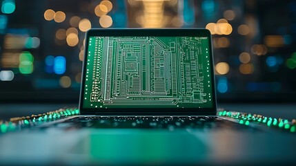Poster - Laptop displaying circuit board in server room