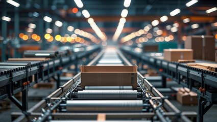 Poster - industrial conveyor belt system in a large warehouse transporting cardboard boxes during a busy work