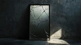 A broken mirror leaning against a textured concrete wall
