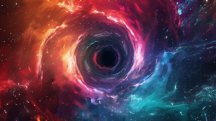 Wall Mural - a black hole in space surrounded by swirling nebulas of red and blue.