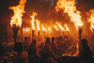 Aufkleber - Celebration with fire torches and a traditional feast in a vibrant outdoor setting during a festival at dusk
