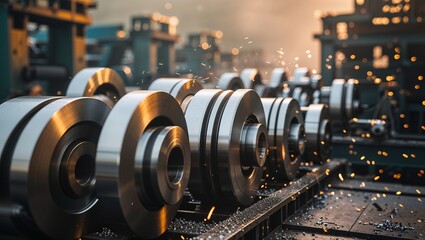 Poster - industrial machinery manufacturing components with sparks in a factory setting during late afternoon