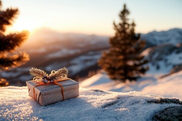 gift box on snowy mountaintop at sunset