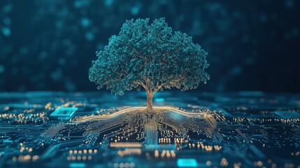 Wall Mural - A digital tree emerges from a circuit board, symbolizing technology and nature's harmony