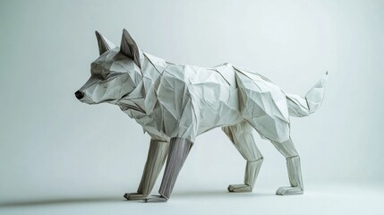 Poster - An origami sculpture portrays a white dog in a walking position