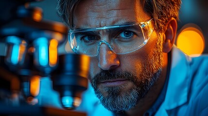 Poster - Scientist Peering Through Microscope with Intense Curiosity and Doubt