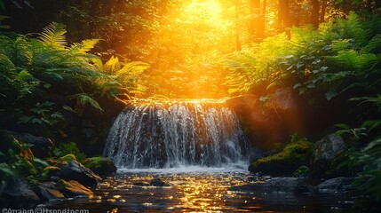 Wall Mural - Majestic Waterfall Cascading Through Vibrant Green Foliage Illuminated by Golden Sunlight