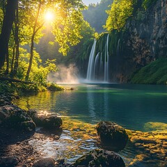 Wall Mural - Majestic Waterfall Cascading into Serene Lake Surrounded by Towering Rocks and Lush Forest Greenery