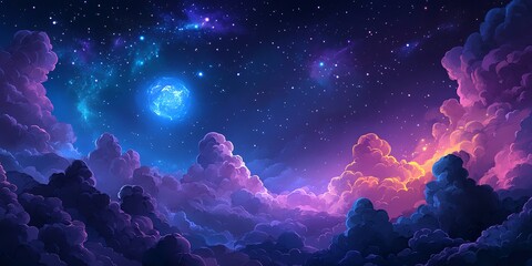 fantasy starry sky with clouds and glowing moon digital illustration
