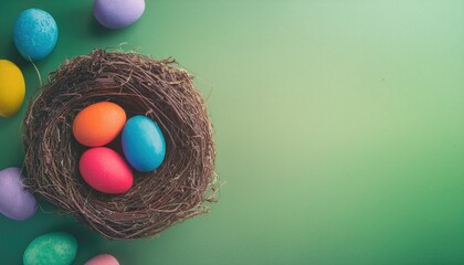 Wall Mural - Happy Easter day decoration colorful eggs in nest on paper background with copy space 