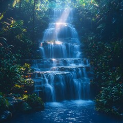 Wall Mural - Majestic Tropical Waterfall Surrounded by Lush Green Foliage and Exotic Flowers