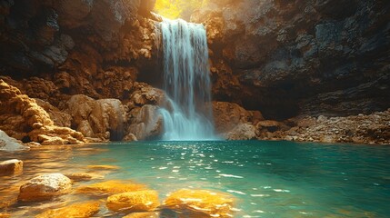 Wall Mural - Mesmerizing Waterfall Cascading Down Majestic Rocky Cliffs Into Serene Turquoise Pool