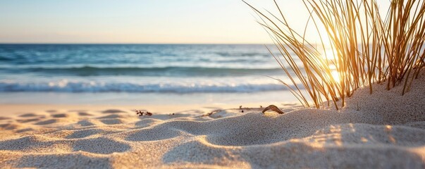 Aufkleber - Earth day environmental concept. A serene beach scene with golden sand and gentle waves under a warm sunset glow.