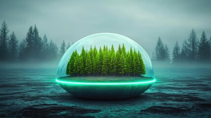 Poster - Earth day environmental concept. A surreal glass dome containing lush green trees in a misty landscape.