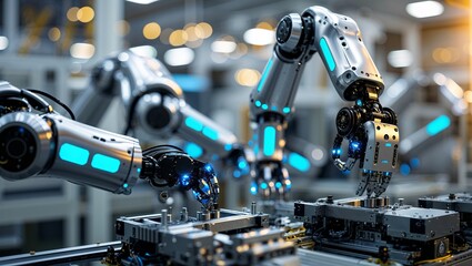 Poster - advanced robotic arms assembling components in a modern manufacturing facility during the daytime