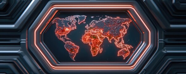 Poster - Earth day environmental concept. Futuristic digital world map with glowing red lines on a sleek dark background.