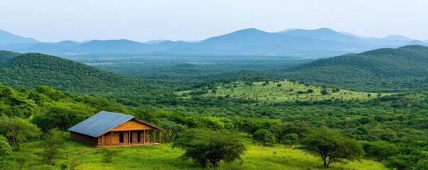 Poster - Earth day environmental idea. A serene view of rolling hills and a wooden house surrounded by lush greenery.