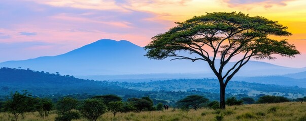 Poster - Earth day environmental idea. Stunning sunset over a vast landscape with a solitary tree in the foreground.