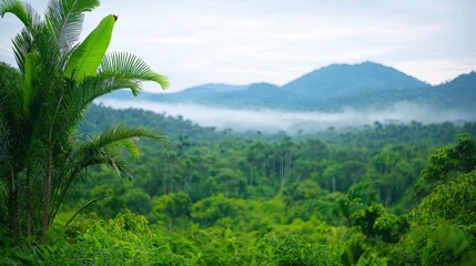 Aufkleber - Earth day environmental concept. Lush green landscape with mountains shrouded in mist and vibrant foliage.
