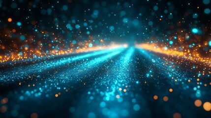 Aufkleber - Abstract background with blue and orange bokeh lights in motion, glowing particles. Futuristic digital technology and energy concept