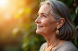 ©  S u n n y B u n n y - A Graceful Profile of a Senior Caucasian Woman with Silver Hair, Illuminated by the Golden Hour Sunlight in a Lush Garden Setting, Celebrating Life and Nature