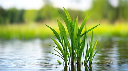 Leinwandbilder - Earth day environmental concept. Close-up of vibrant green grass growing in calm water, symbolizing nature's beauty.