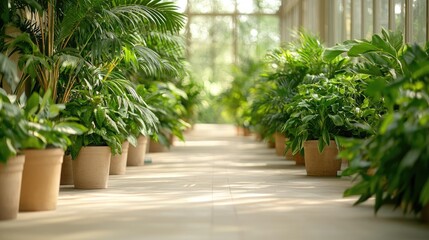 Aufkleber - Earth day environmental concept. Lush green plants line a serene indoor pathway in a vibrant greenhouse.