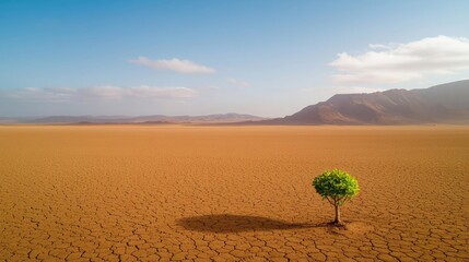 Poster - Earth day environmental concept. A solitary tree stands resilient in a vast arid landscape under a bright blue sky.