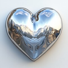 Poster - A heart-shaped object made of 3D chrome silver and dark black metal, melting into a liquid form, ideal for a romantic Valentine's Day postcard with a futuristic Y2K aesthetic, isolated on a white