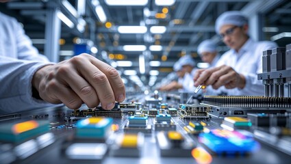 Poster - engineers assemble electronic components in a modern manufacturing facility during daylight hours