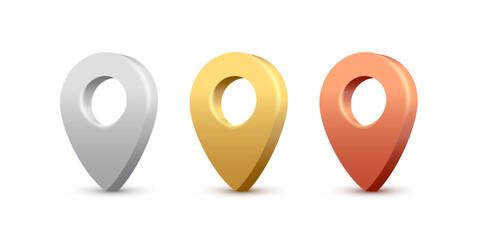 Poster - Map pins set. 3D golden, silver and bronze pointers isolated on white background. Location symbols in various angles and colors. Realistic vector illustration.