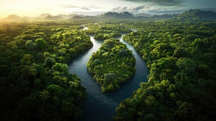Aufkleber - Earth day environmental concept. Lush green landscape with winding river amidst mountains at sunrise.