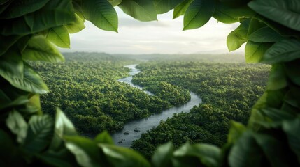Poster - Earth day environmental concept. Breathtaking view of a lush green forest surrounding a calm river.