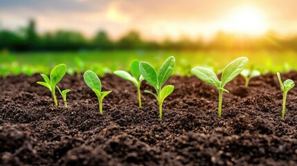 Poster - Earth day environmental concept. Young green plants growing in rich soil under a beautiful sunset.