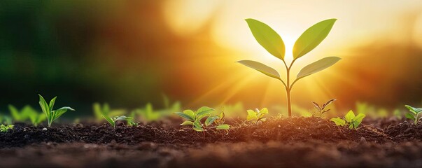 Poster - Earth day environmental concept. A young sprout emerging from rich soil under warm sunlight in a garden setting.