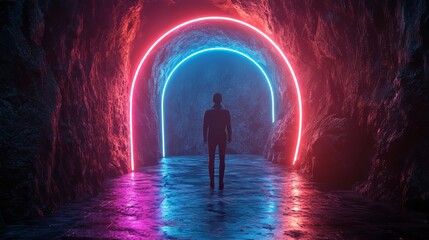 Poster - An abstract 3D render showcasing a neon blue and pink futuristic laser circle that creates a round tunnel effect. The design is reminiscent of retro 80s, 90s, and Y2K aesthetics