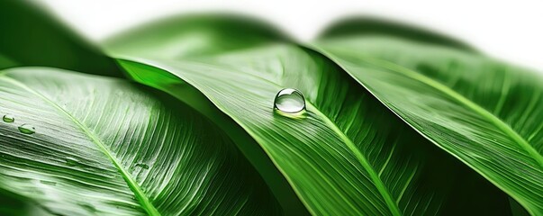 Poster - Earth day environmental concept. Close-up of green leaves with a droplet of water, representing nature's beauty.