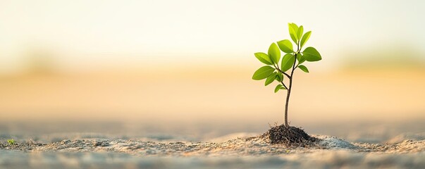 Poster - Earth day environmental concept. A small green plant emerging from sandy soil under bright light.
