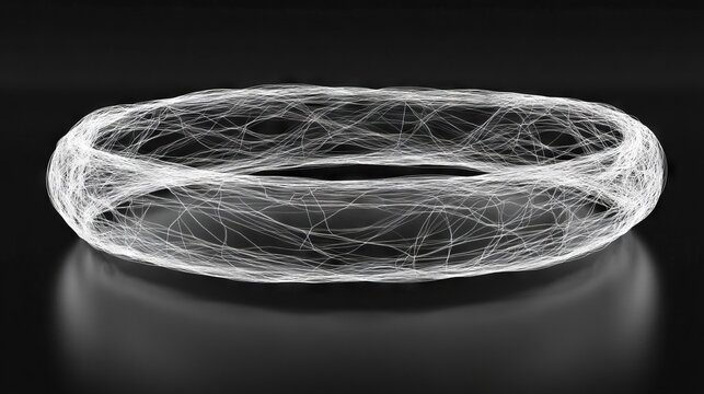 An isolated 3D abstract cyber-futuristic retro Y2K shape element, featuring a glowing neon white wireframe grid torus spiral on a black background, designed for geometric posters