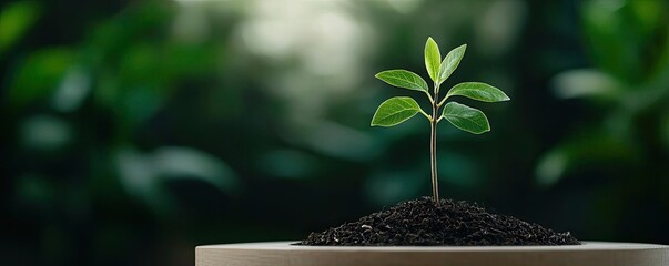 Poster - Earth day environmental concept. A small green seedling growing in rich soil, symbolizing new beginnings and growth.
