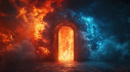 Poster - Heaven paradise and fiery hell gates choice. Door to heaven and hell. Good and evil, light and darkness. God's judgment, Christianity concept. Religious background for design banner, poster ,8k  image