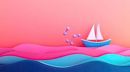 Poster - Ocean acidification concept. A serene illustration of a boat sailing through colorful waves at sunset.