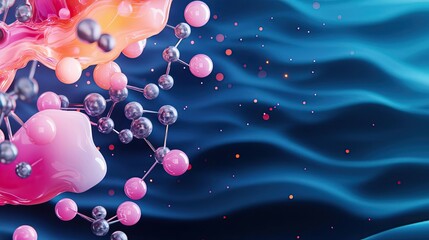 Poster - Ocean acidification concept. Abstract molecular structures floating in vibrant waves of color.