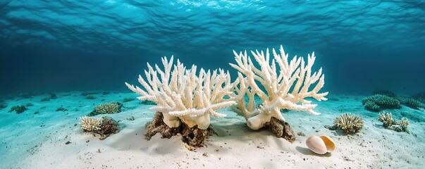 Poster - Ocean acidification idea. Vibrant underwater coral scene showcasing marine biodiversity and crystal-clear water.