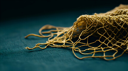 Close Up of Beige Fishing Net on Dark Teal Background