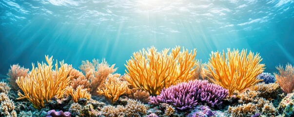 Poster - Ocean acidification idea. Vibrant coral reef underwater with colorful corals and sunlight streaming through water.