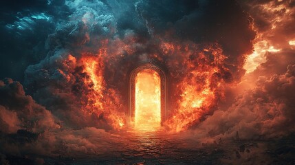 Poster - Heaven paradise and fiery hell gates choice. Door to heaven and hell. Good and evil, light and darkness. God's judgment, Christianity concept. Religious background for design banner, poster ,8k  image